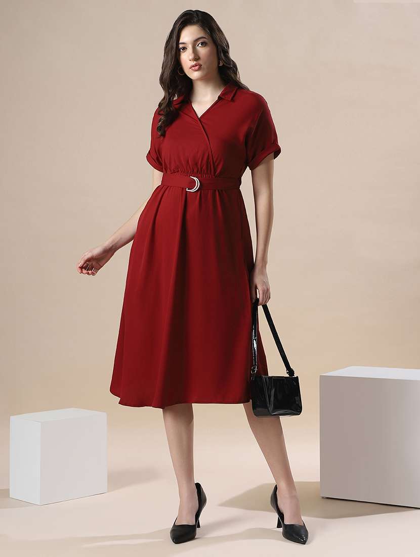 globus women maroon v-neck extended sleeve belted detail fit & flare work wear midi dress