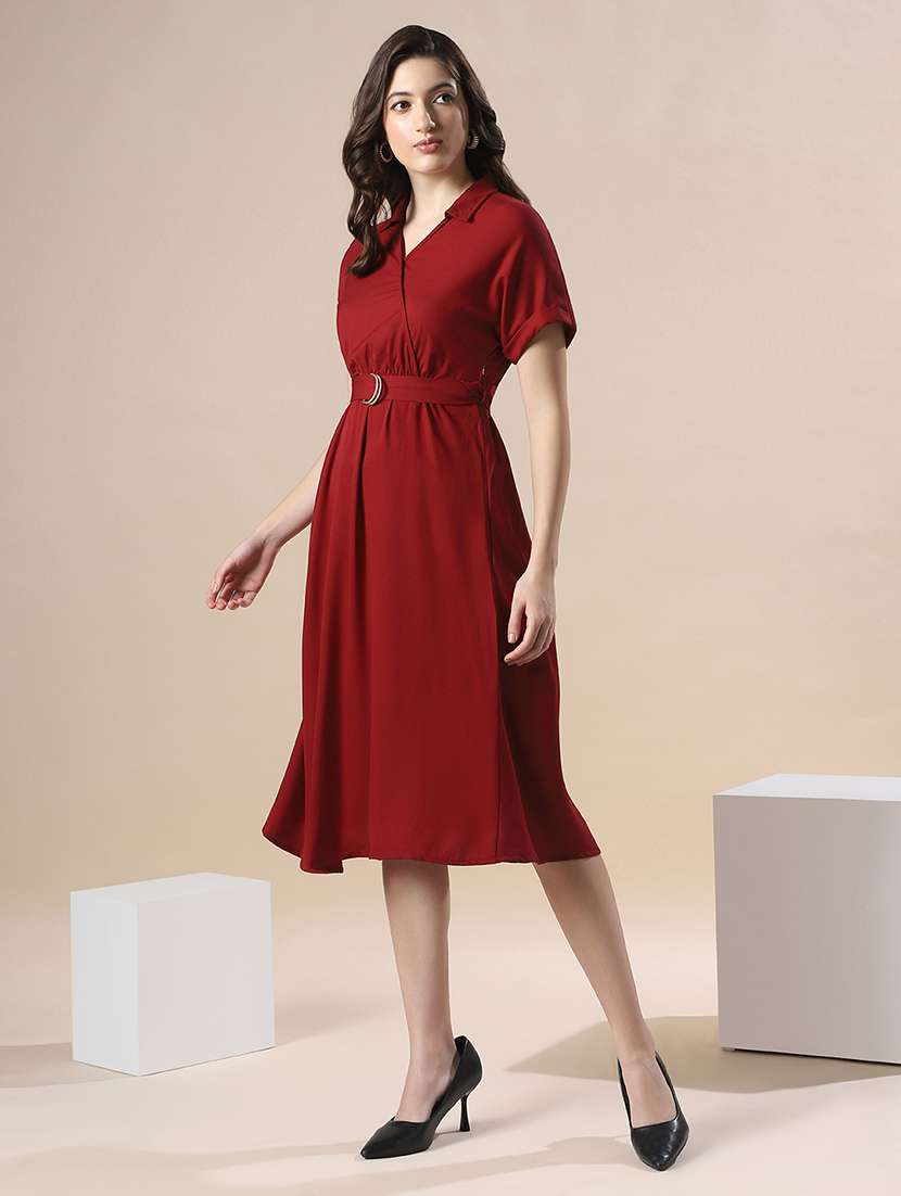 globus women maroon v-neck extended sleeve belted detail fit & flare work wear midi dress - 22141407 -  Standard Image - 2