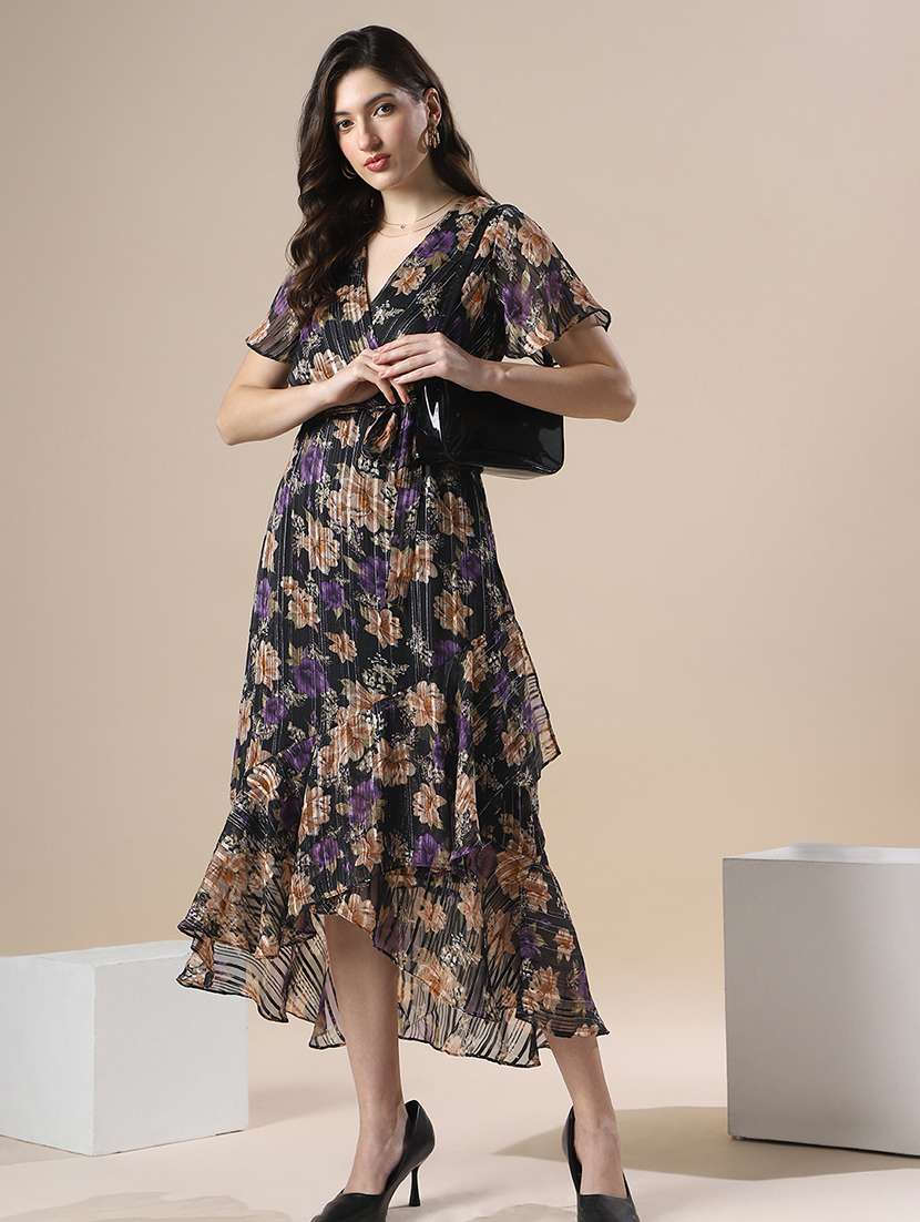 globus women black floral print wrap v-neck flare short sleeve waist belted tie-ups fit & flare asymmetric hem midi dress