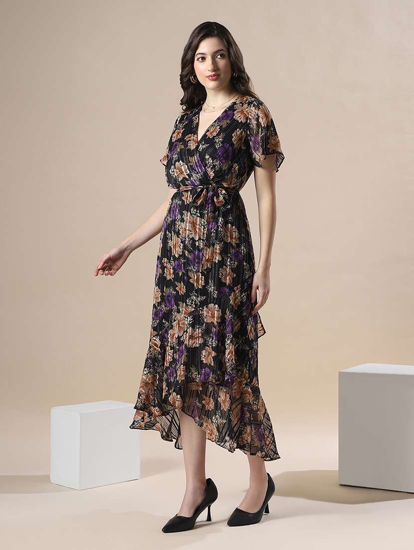 globus women black floral print wrap v-neck flare short sleeve waist belted tie-ups fit & flare asymmetric hem midi dress - 22141409 -  Standard Image - 2
