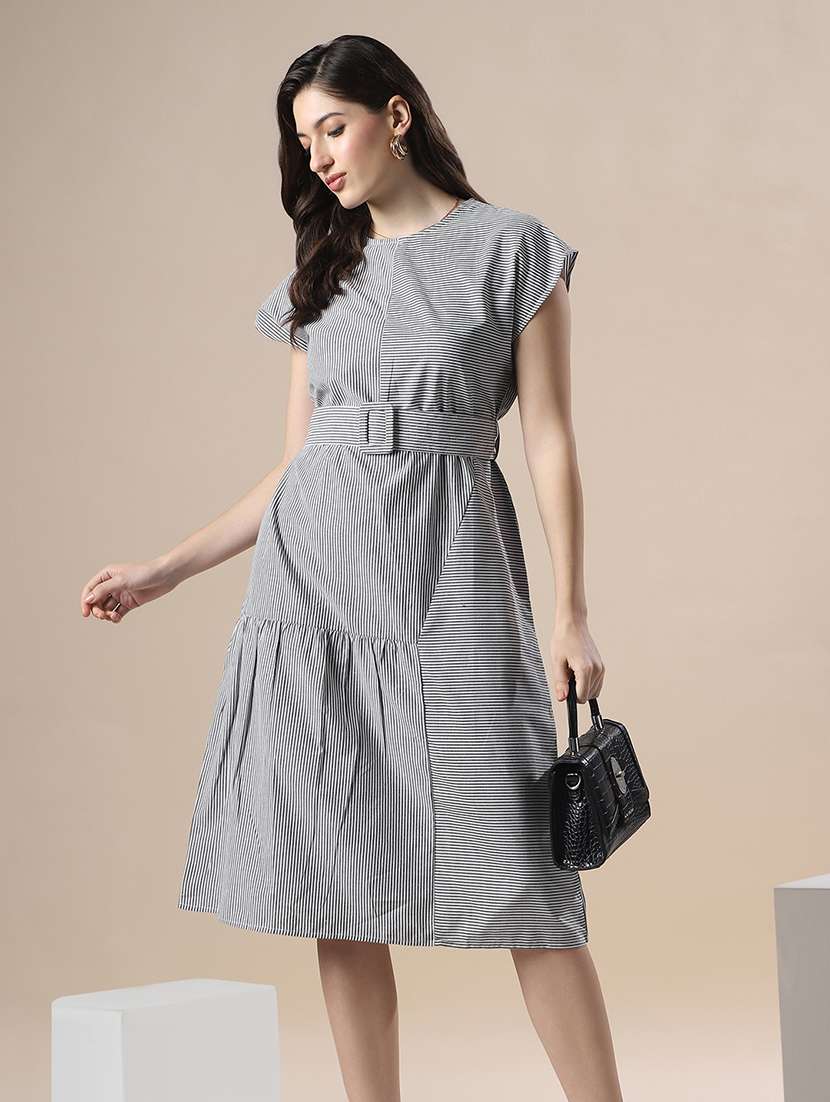 globus women grey striped boat neck extended sleeve belted detail knee length fit & flare dress