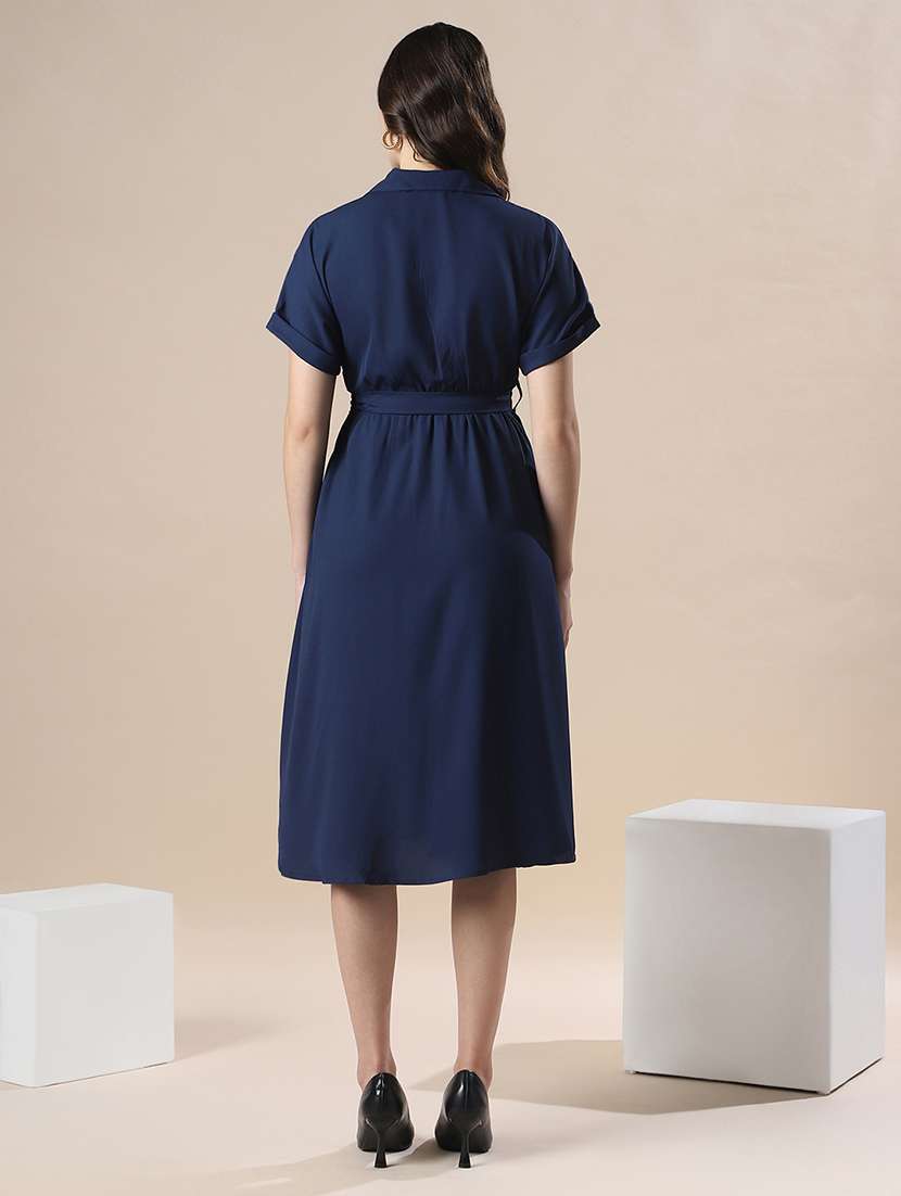 globus women navy v-neck extended sleeve belted detail fit & flare work wear midi dress - 22141411 -  Standard Image - 2