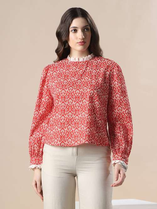 globus women red all over floral print bishop sleeves high neck lace detail party top - 22141415 -  Standard Image - 0