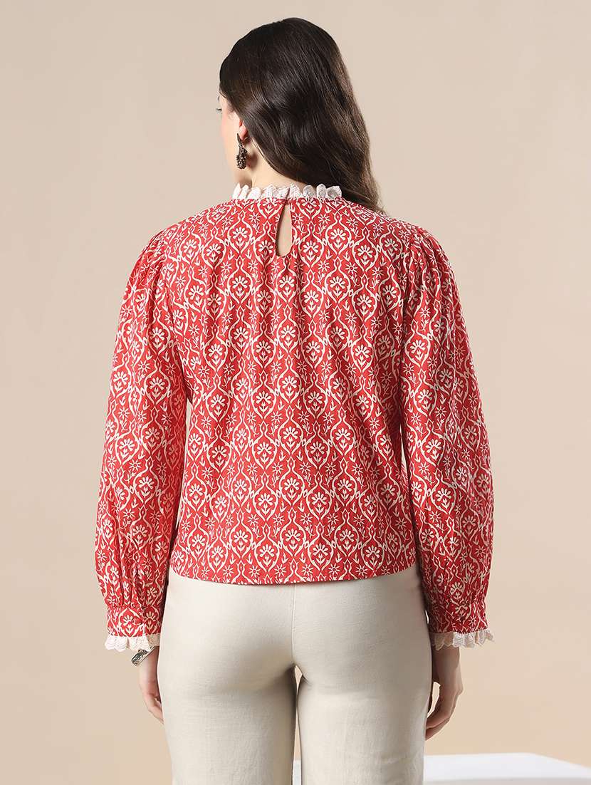 women printed mock neck puff sleeve top - 22141415 - Standard Image - 2