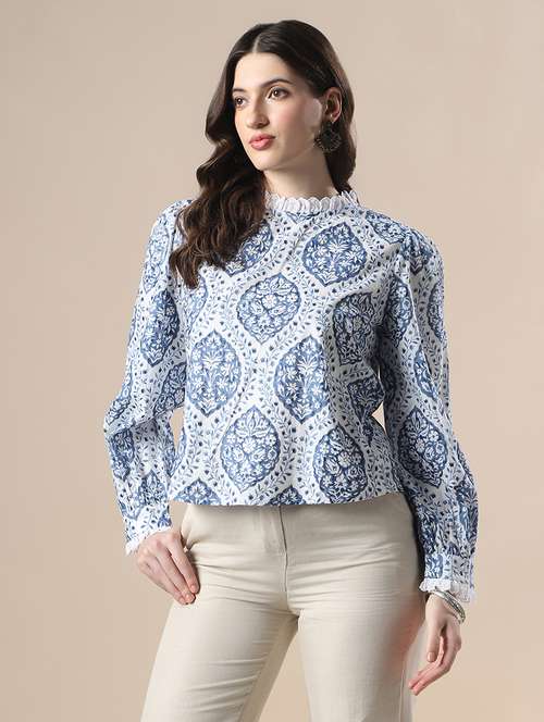 women printed mock neck puff sleeve top - 22141416 -  Standard Image - 0