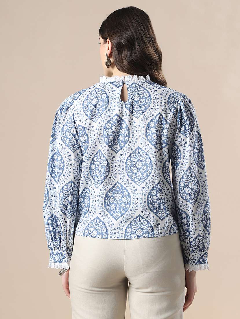 women printed mock neck puff sleeve top - 22141416 - Standard Image - 2