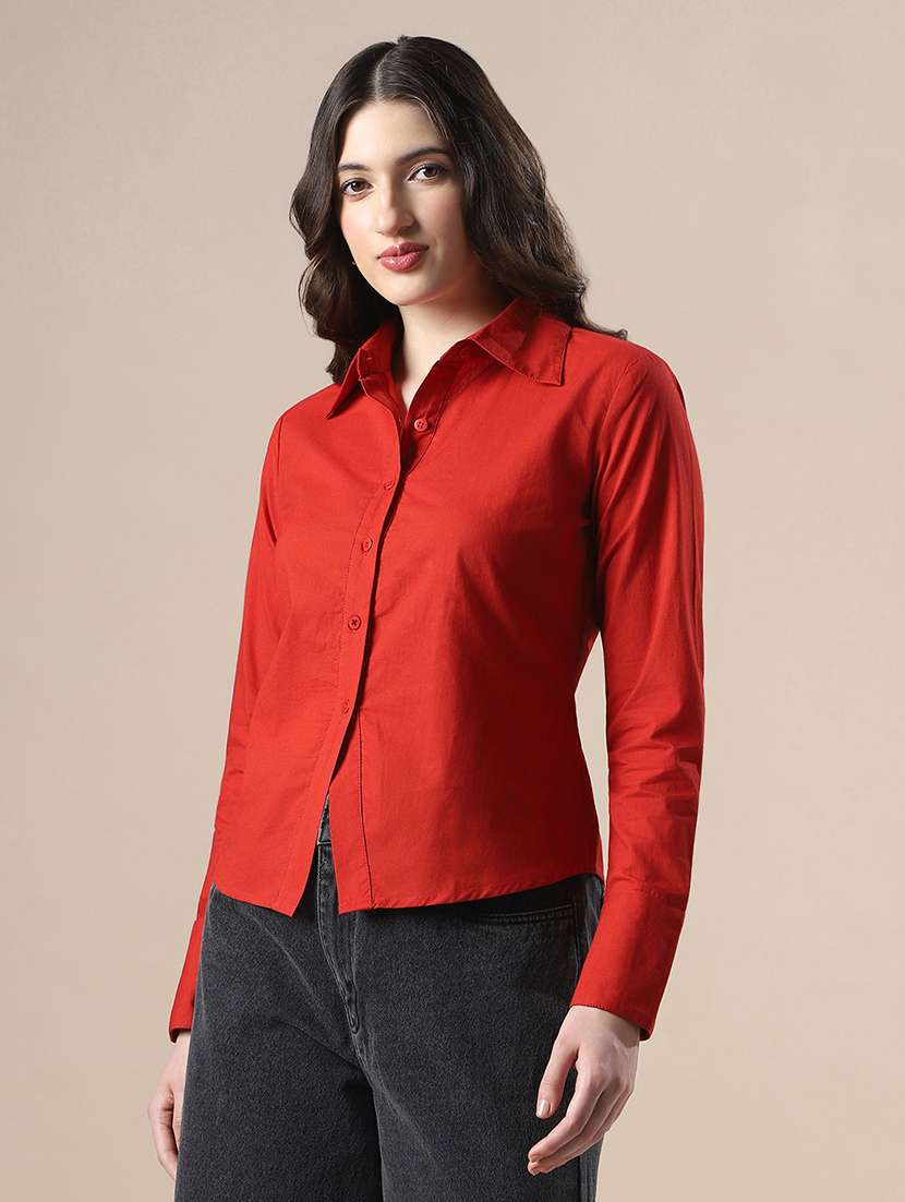 globus women red shirt collar cuffed sleeves backed tie-ups workwear shirt