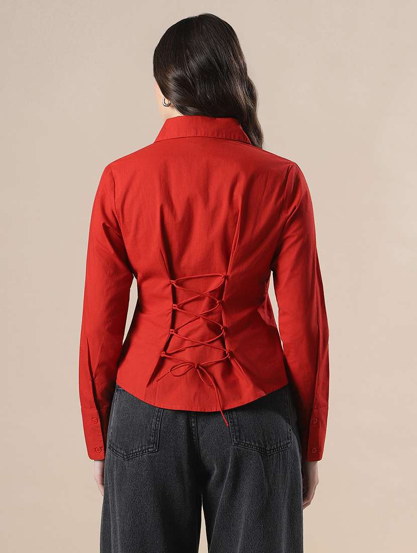 women solid collared long sleeve back tie shirt - 22141420 - Standard Image - 2
