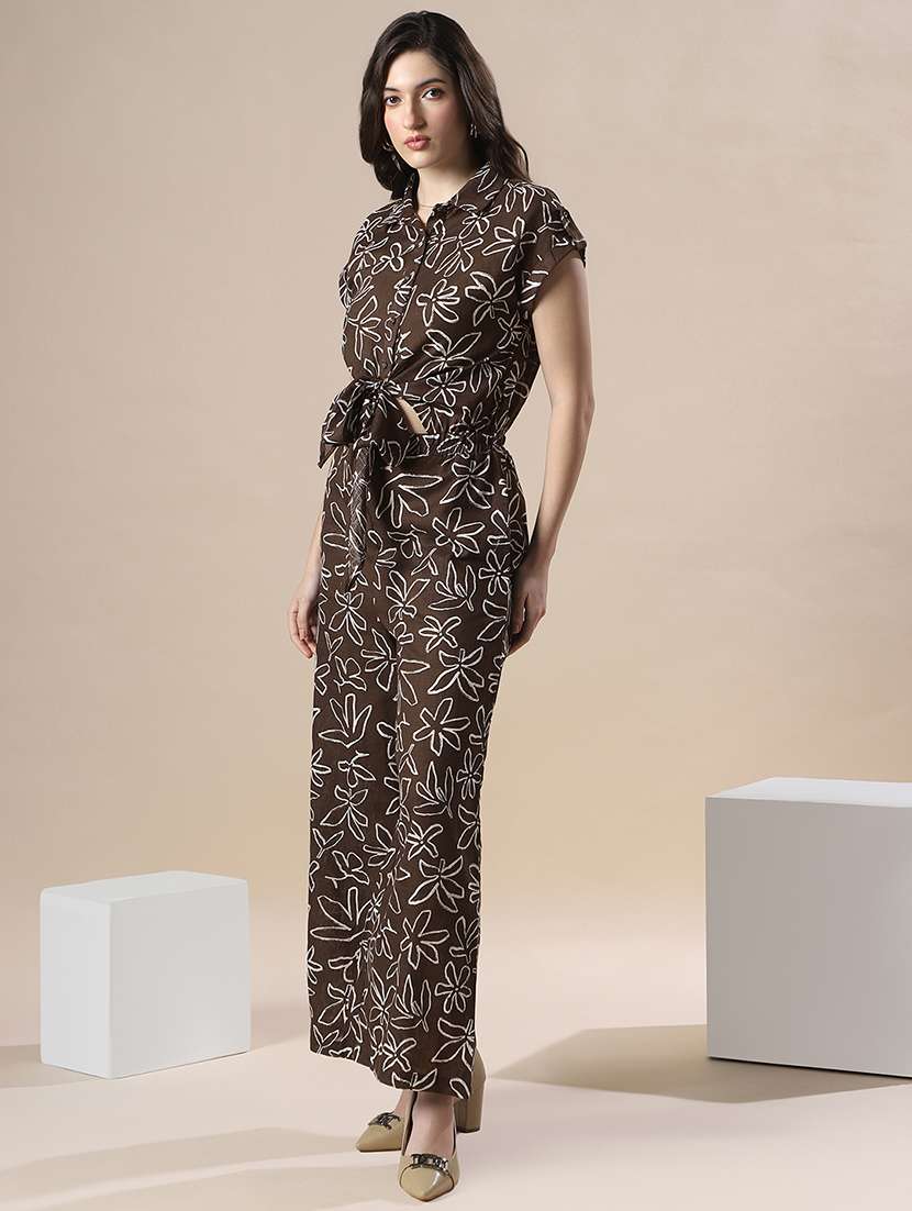 globus women brown floral print collared neck extended sleeves tie ups & cut out details flared jumpsuit - 22141422 -  Standard Image - 2