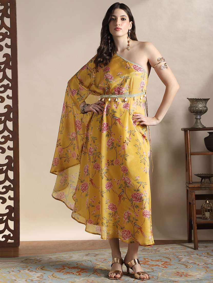 globus women yellow one shoulder floral print lace detail high-low hem maxi fusion kaftan dress with belt