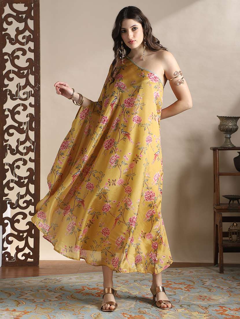 globus women yellow one shoulder floral print lace detail high-low hem maxi fusion kaftan dress with belt - 22141424 -  Standard Image - 2