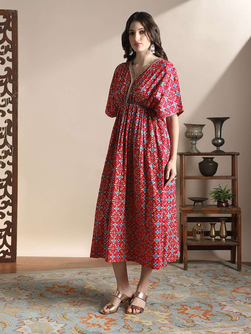 globus women fuchsia v-neck kimono sleeves ethnic print lace detail fit & flare midi fusion dress - 22141426 -  Standard Image - 2