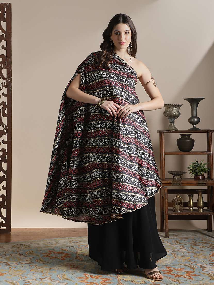 globus women black one shoulder extended sleeves asymmetric hem bandhani printed kurta with flared palazzos fusion coords set