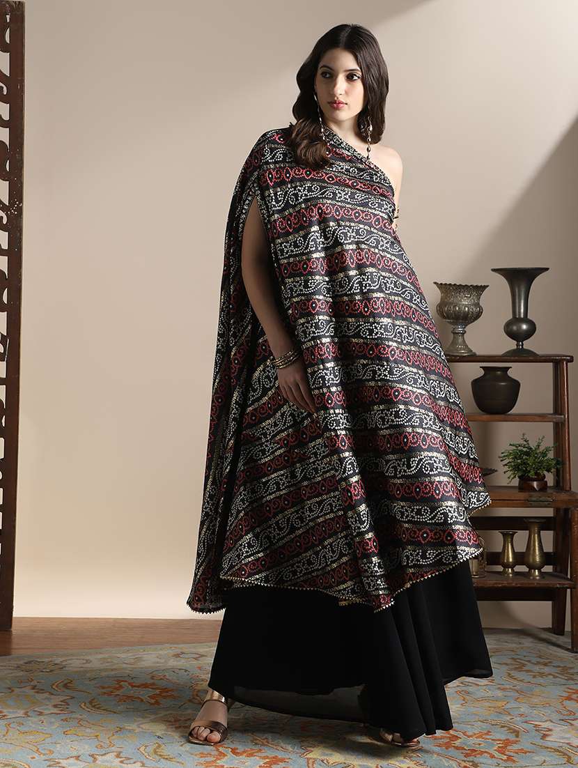 globus women black one shoulder extended sleeves asymmetric hem bandhani printed kurta with flared palazzos fusion coords set - 22141428 -  Standard Image - 2