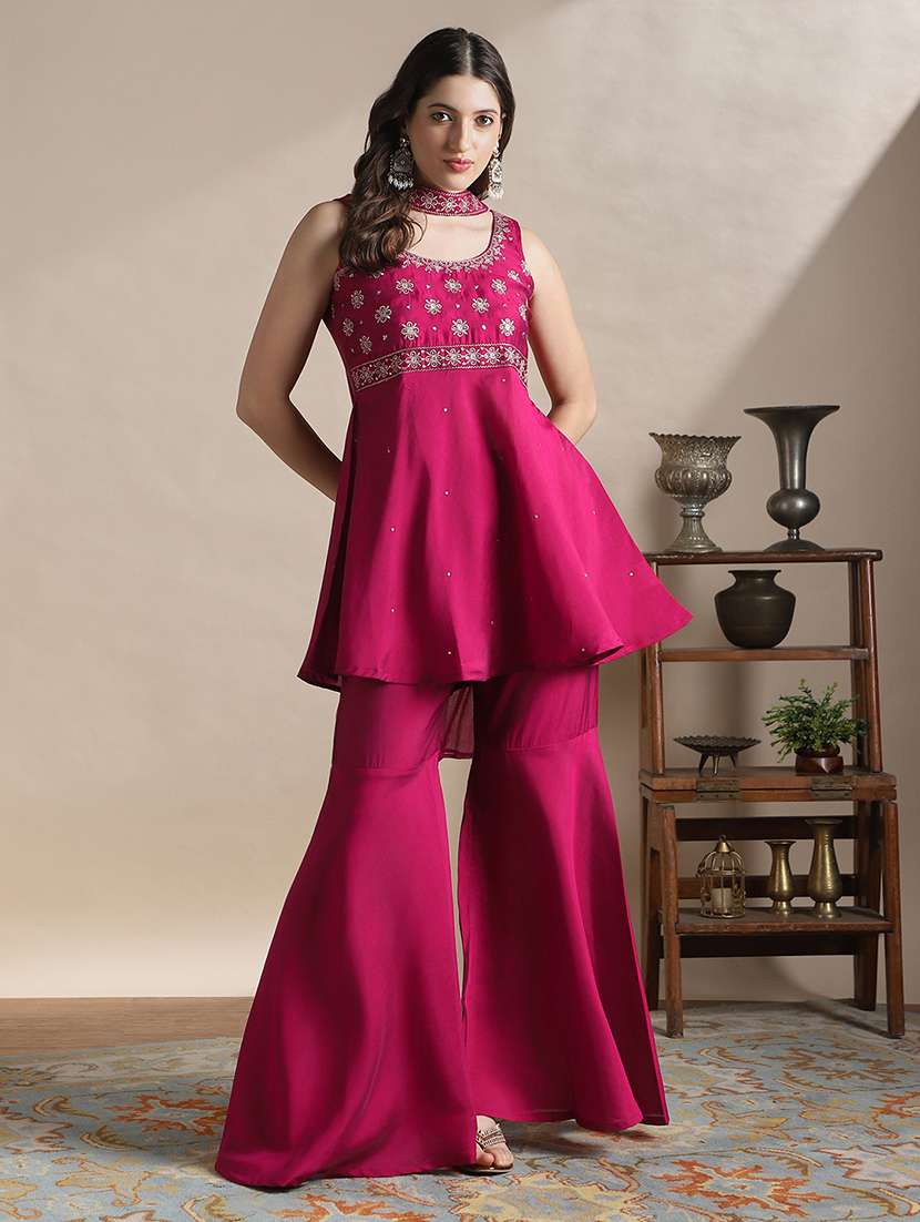 globus women fuchsia sequin embroidered yoke flared hem tunic with sharara & chocker dupatta festive set