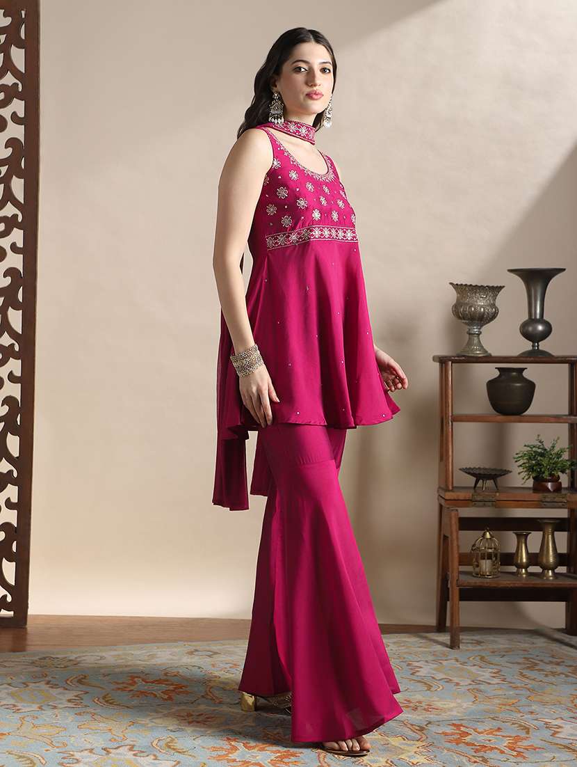 globus women fuchsia sequin embroidered yoke flared hem tunic with sharara & chocker dupatta festive set - 22141430 -  Standard Image - 2