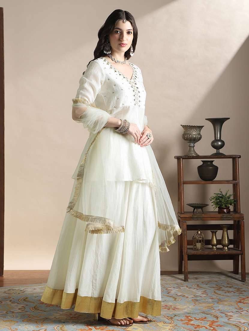 globus women off-white sequin embroidered yoke v-neck tunic with gotta lace flared hem skirt & fringed lace dupatta festive set - 22141432 -  Standard Image - 2