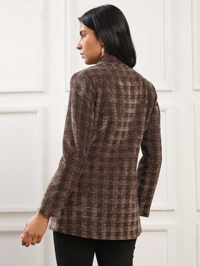 women checkered stand collar long sleeve coat - 22141436 - Standard Image - 2