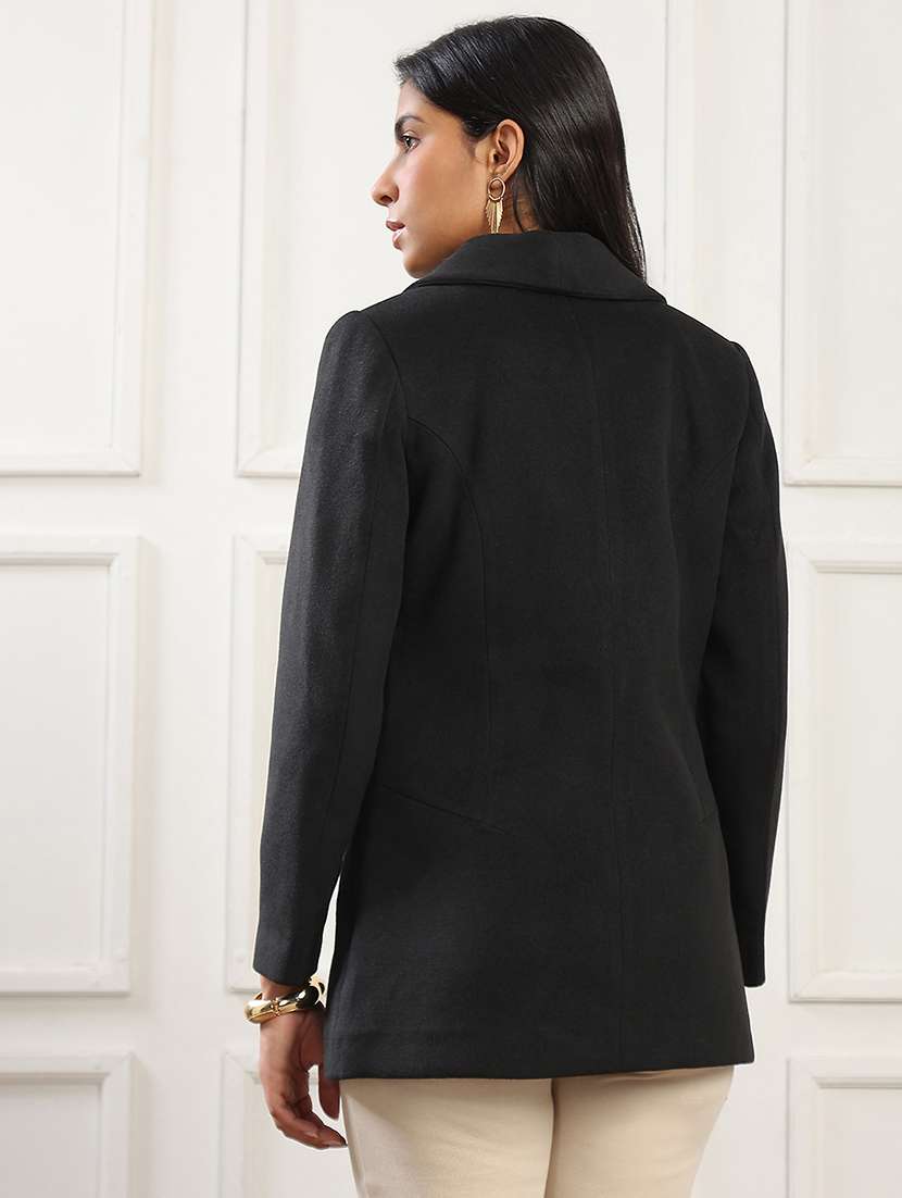 globus women black notched lapel long sleeves solid 2 pockets soft functional hip length winterwear overcoat - 22141441 -  Standard Image - 2