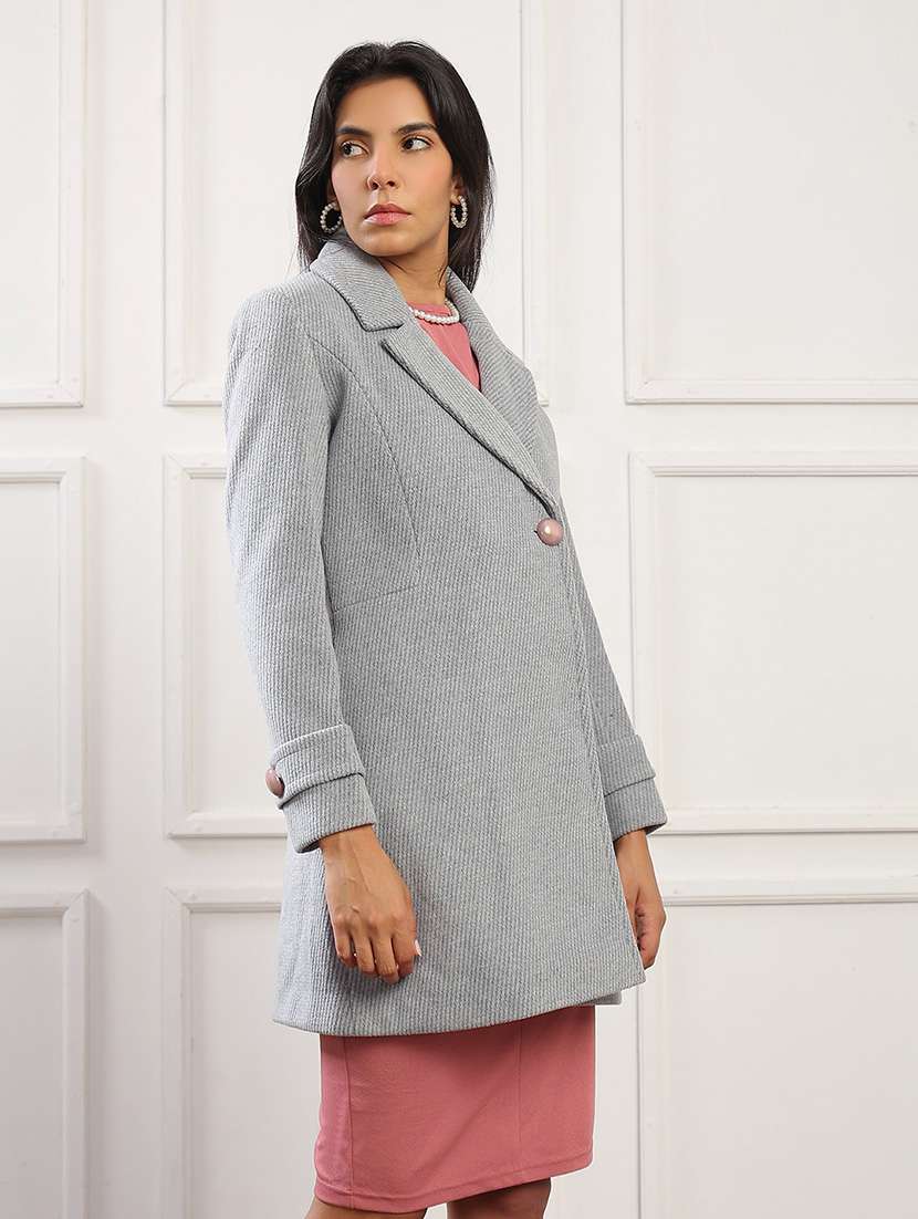 globus women blue notched lapel long sleeves striped self design 2 pockets hip length winterwear overcoat - 22141443 -  Standard Image - 2