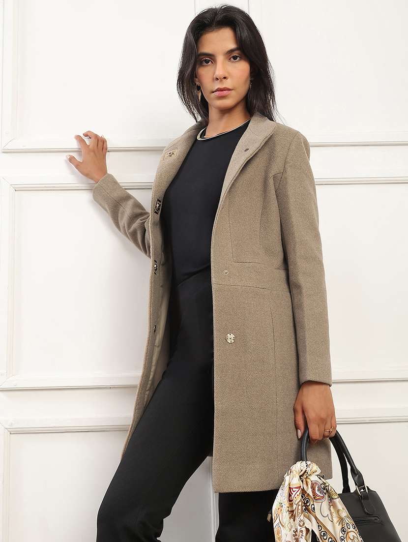 globus women beige mock collar long sleeves striped self design 2 pockets soft functional hip length winterwear overcoat