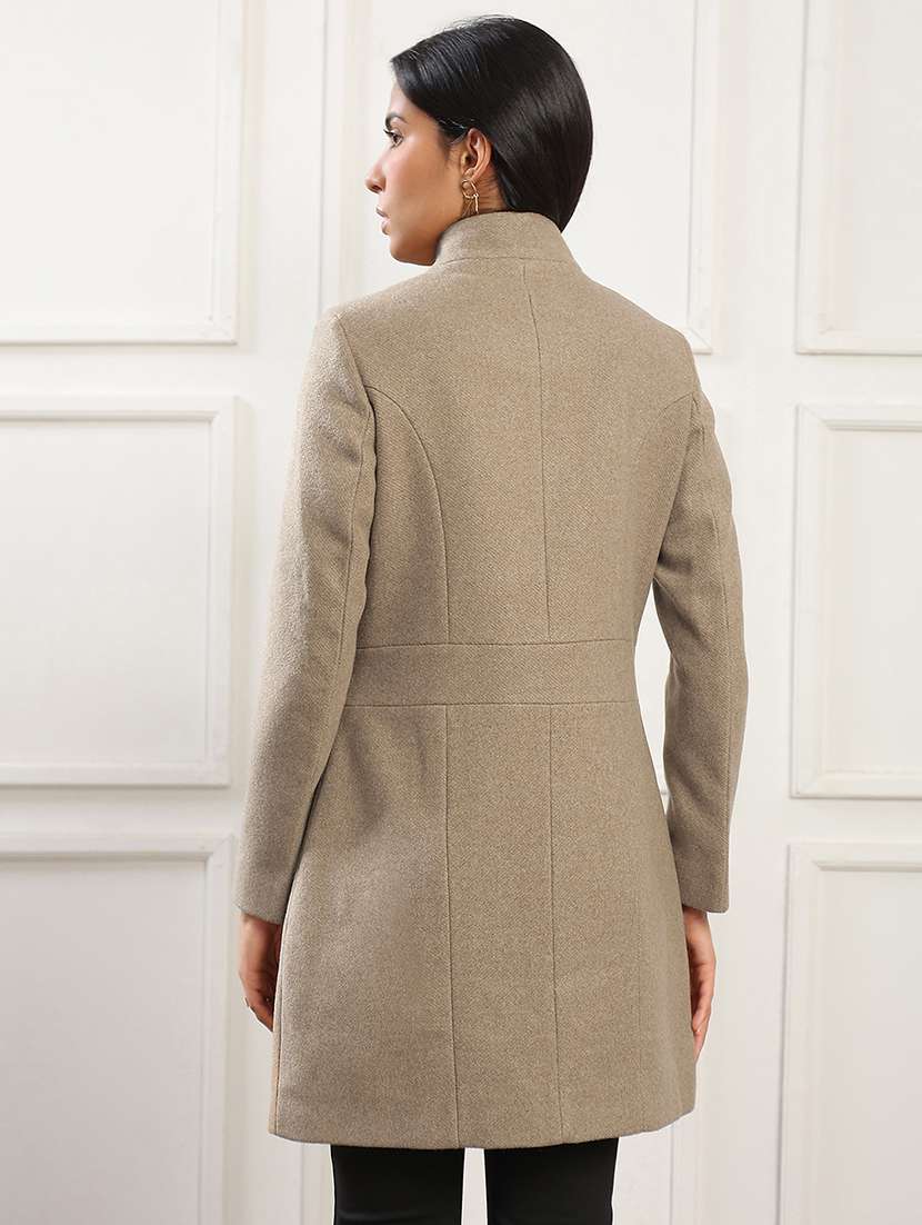 globus women beige mock collar long sleeves striped self design 2 pockets soft functional hip length winterwear overcoat - 22141446 -  Standard Image - 2