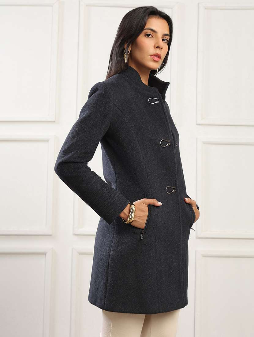 globus women navy mock collar long sleeves solid 2 zipper pockets soft functional hip length winterwear overcoat - 22141447 -  Standard Image - 2