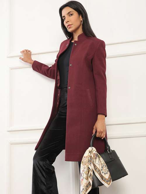 globus women red mock collar long sleeves striped self design 2 pockets knee length winterwear overcoat - 22141449 -  Standard Image - 0