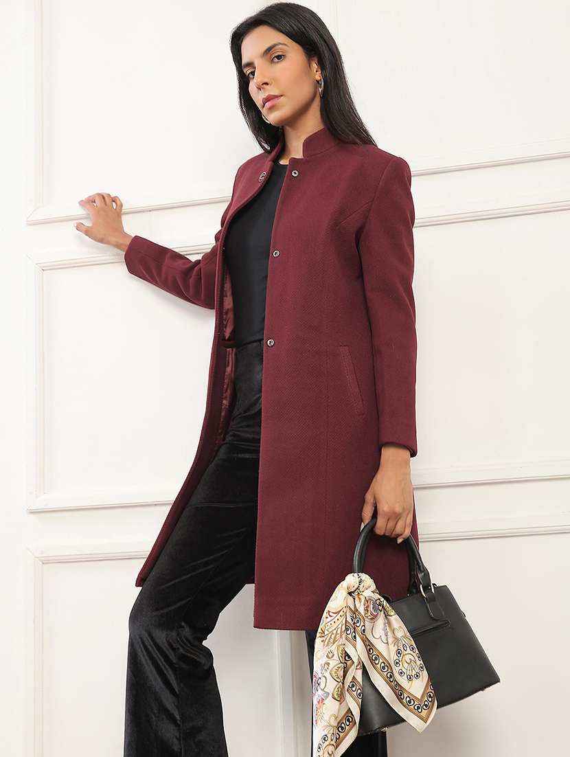 globus women red mock collar long sleeves striped self design 2 pockets knee length winterwear overcoat