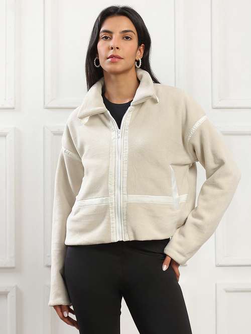 globus women beige spread collar long drop shoulder sleeves faux fur trim 2 pockets oversized winterwear jacket - 22141451 -  Standard Image - 0