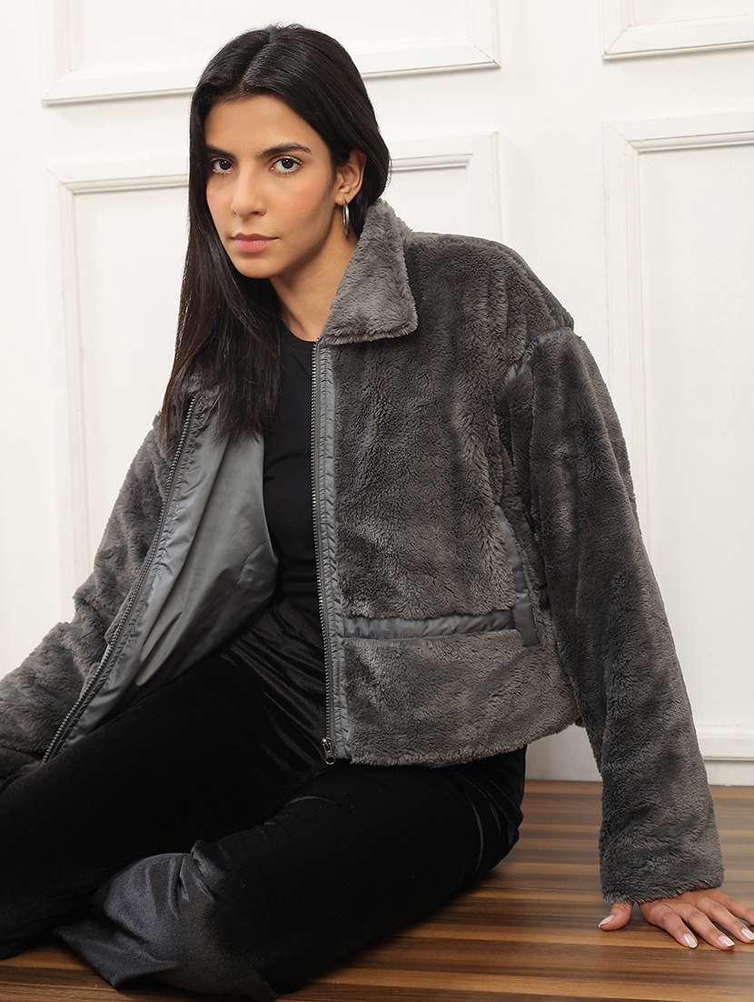 women solid long sleeve faux fur oversized jacket - 22141452 - Zoom Image - 0