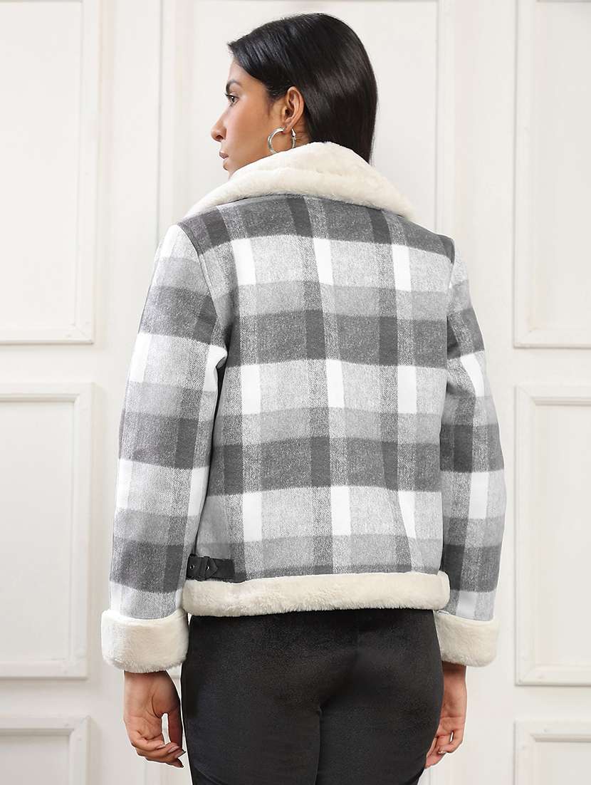 globus women black spread collar long sleeves soft functional checked self design 2 pockets winter wear jacket - 22141453 -  Standard Image - 2