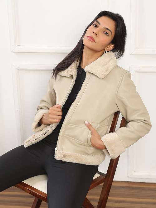 women beige solid fur collared long sleeve jacket - 22141454 -  Standard Image - 0