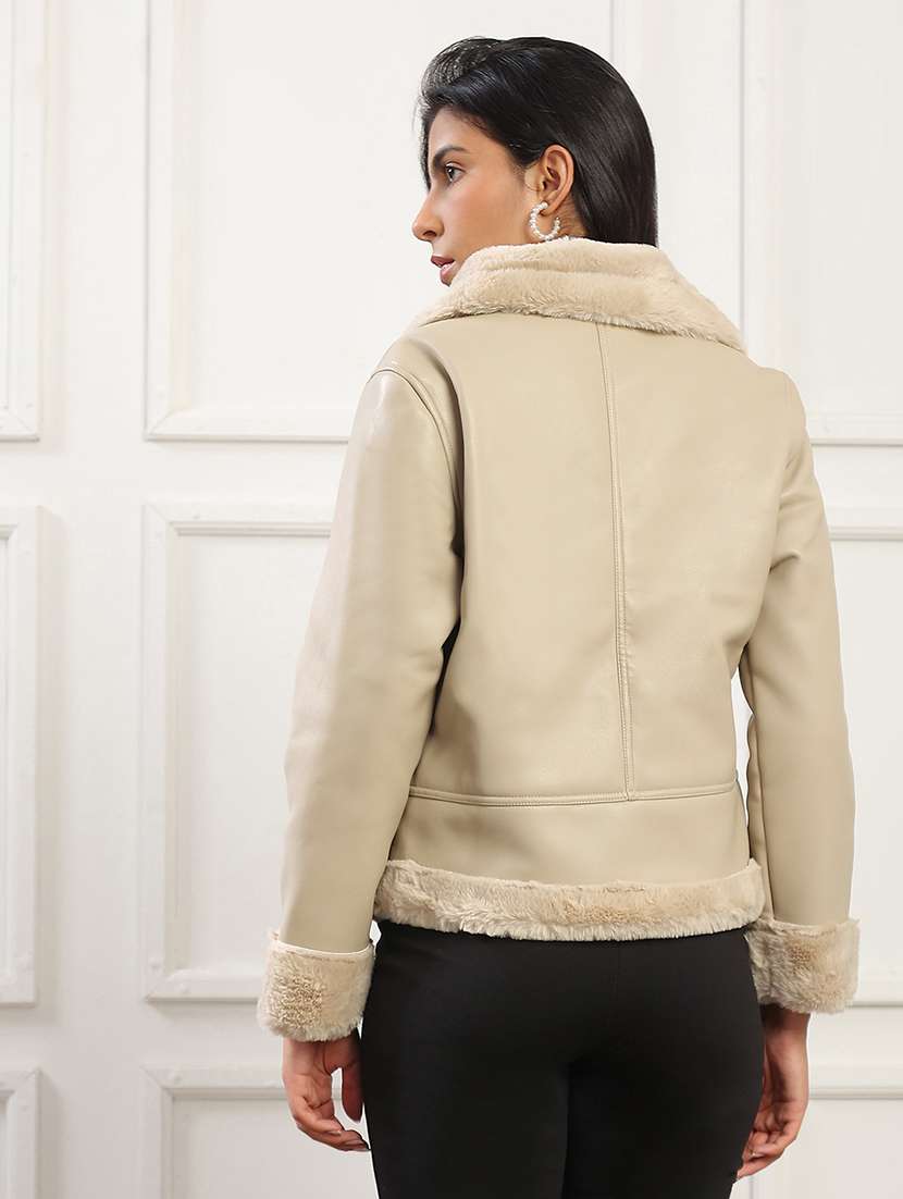 women beige solid fur collared long sleeve jacket - 22141454 - Standard Image - 2