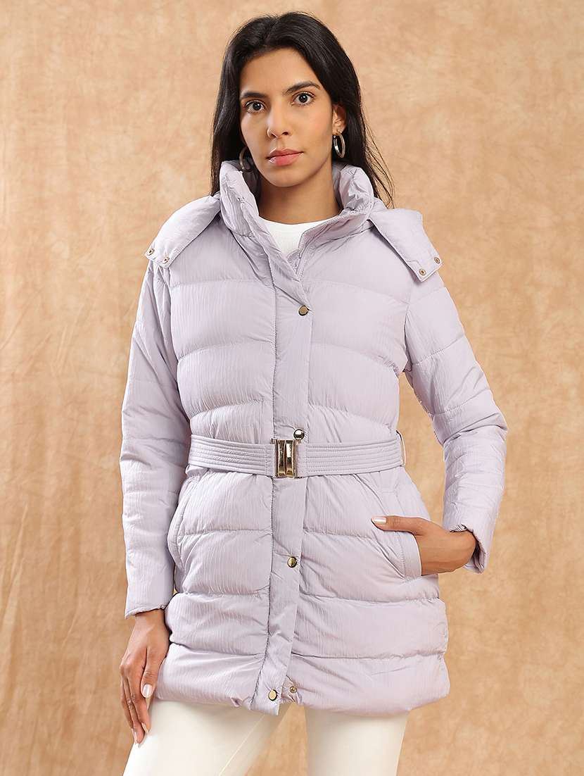 globus women lavender mock neck long sleeves belted winter wear insulator puffer jacket with detachable hood