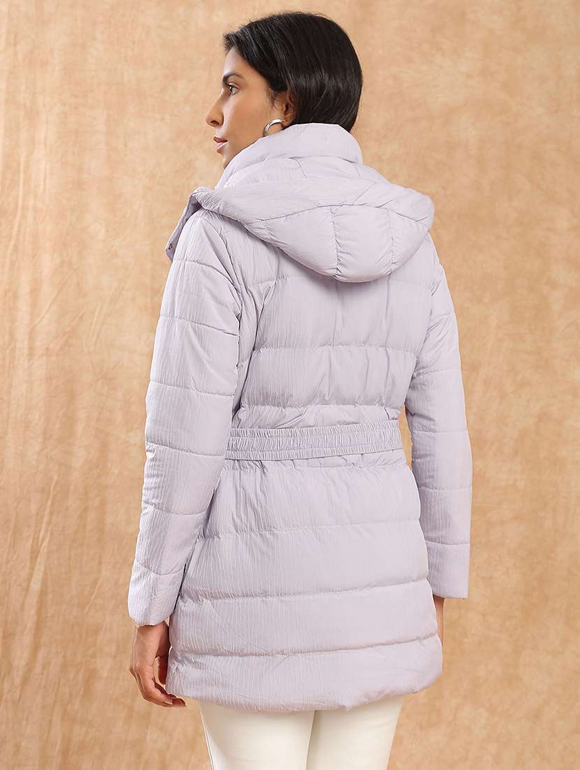 globus women lavender mock neck long sleeves belted winter wear insulator puffer jacket with detachable hood - 22141456 -  Standard Image - 2