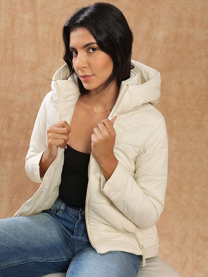 globus women beige long sleeves front zip 2 pockets hooded winterwear puffer jacket