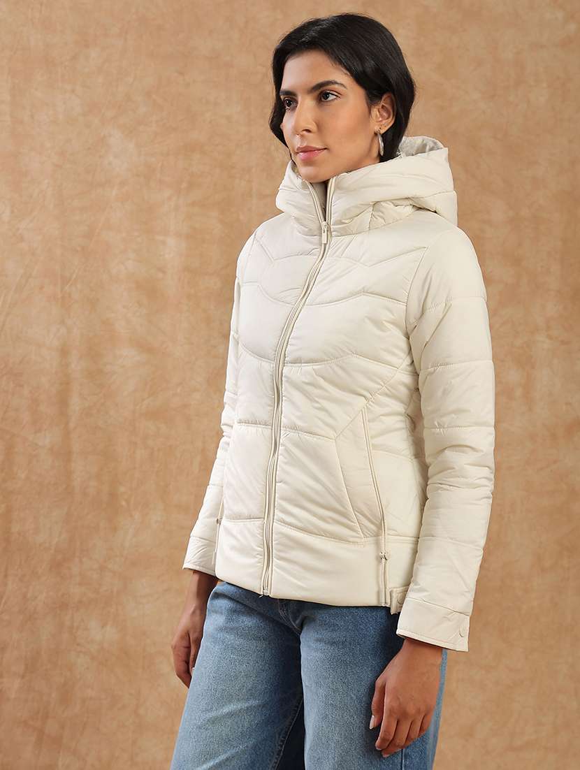 globus women beige long sleeves front zip 2 pockets hooded winterwear puffer jacket - 22141457 -  Standard Image - 2