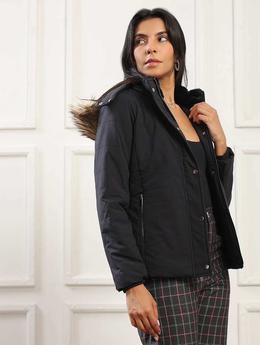 globus women black mock neck winter wear insulator puffer jacket with faux fur hood - 22141458 -  Standard Image - 2