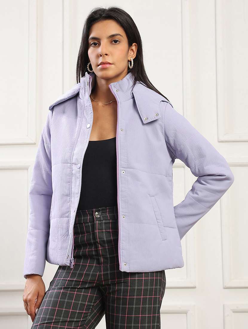 globus women lavender mock neck long sleeves 2 pockets self design winter wear insulator puffer jacket with attached hood