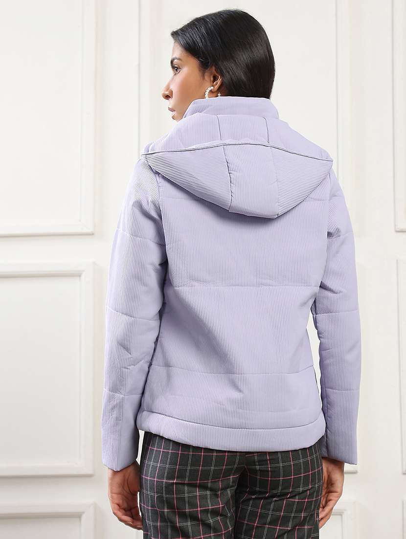 globus women lavender mock neck long sleeves 2 pockets self design winter wear insulator puffer jacket with attached hood - 22141459 -  Standard Image - 2