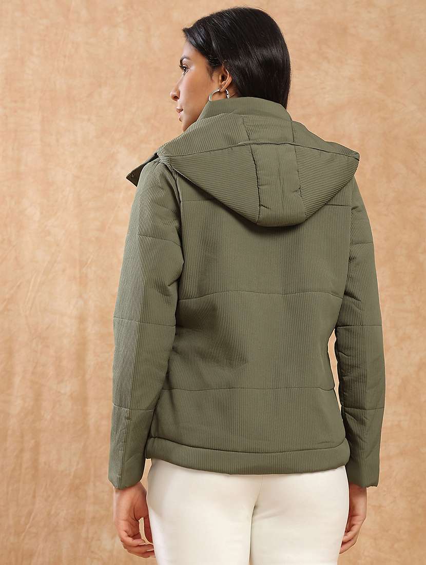 globus women olive mock neck long sleeves 2 pockets self design winter wear insulator puffer jacket with attached hood - 22141460 -  Standard Image - 2