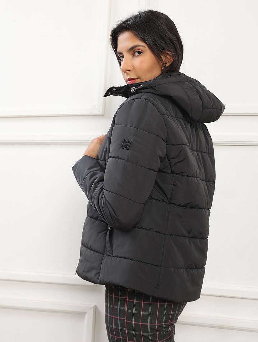 globus women black mock neck front zip winter wear insulator puffer jacket with detachable soft functional hood - 22141461 -  Standard Image - 2