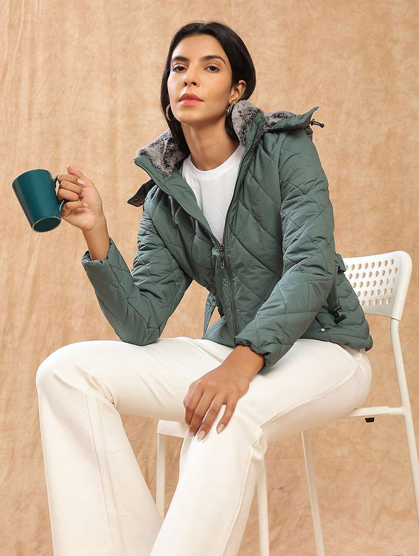 globus women green mock neck front zip belted winter wear insulator puffer jacket with detachable soft functional hood