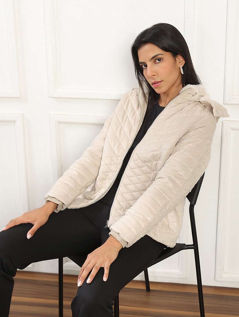 globus women white mock neck winter wear insulator puffer jacket with detachable soft functional hood