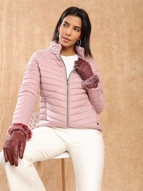 globus women pink mock neck front zip 2 pockets winter wear insulator puffer jacket  - 22141469 -  Standard Image - 0