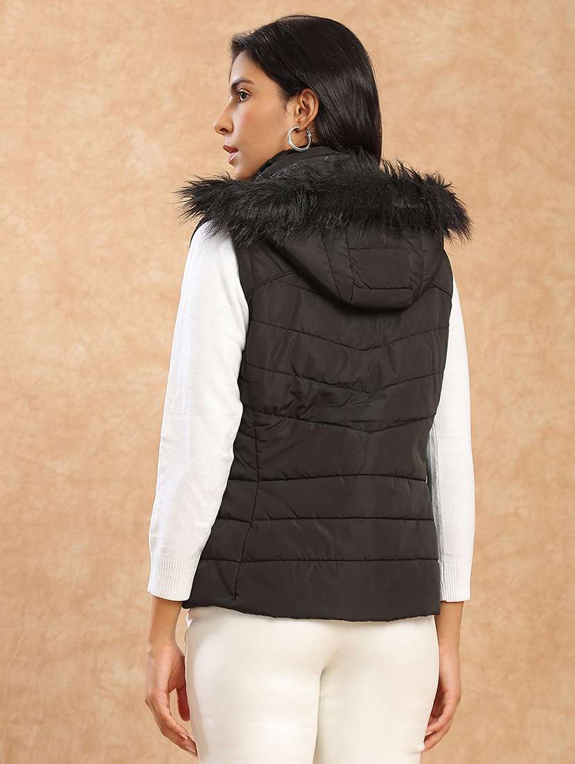 globus women black mock neck winter wear insulator puffer vest jacket with detachable faux fur hood - 22141471 -  Standard Image - 2