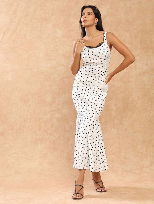 globus women white heart print shoulder strap round neck with lace detail flared hem midi bodycon party dress - 22141472 -  Standard Image - 0