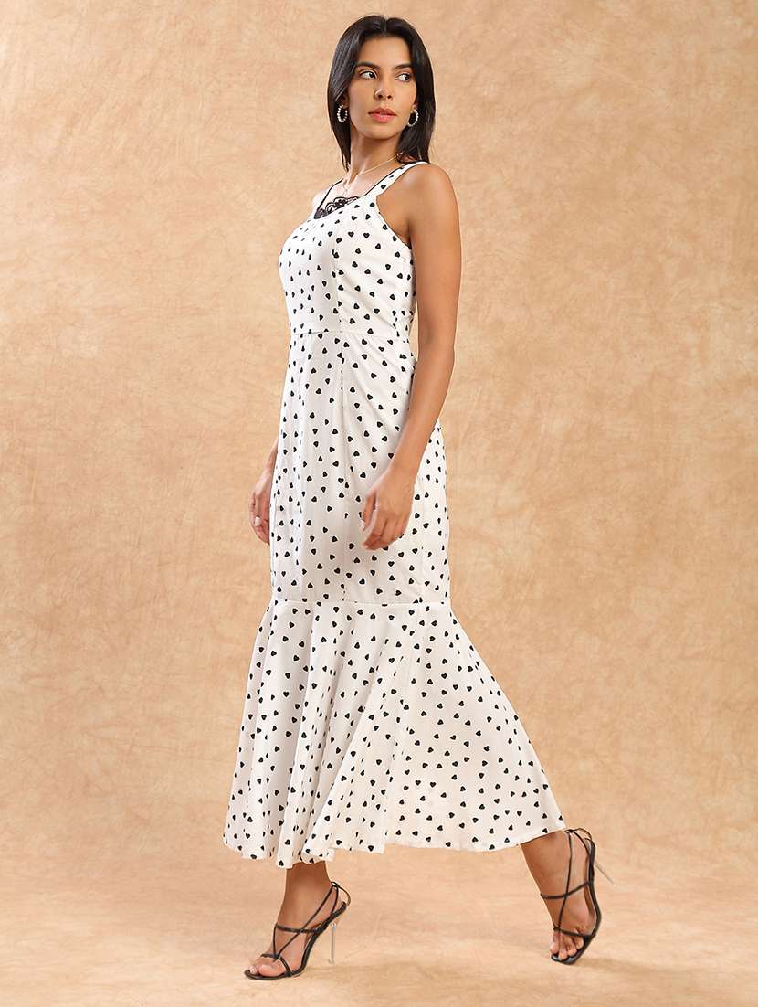 globus women white heart print shoulder strap round neck with lace detail flared hem midi bodycon party dress - 22141472 -  Standard Image - 2