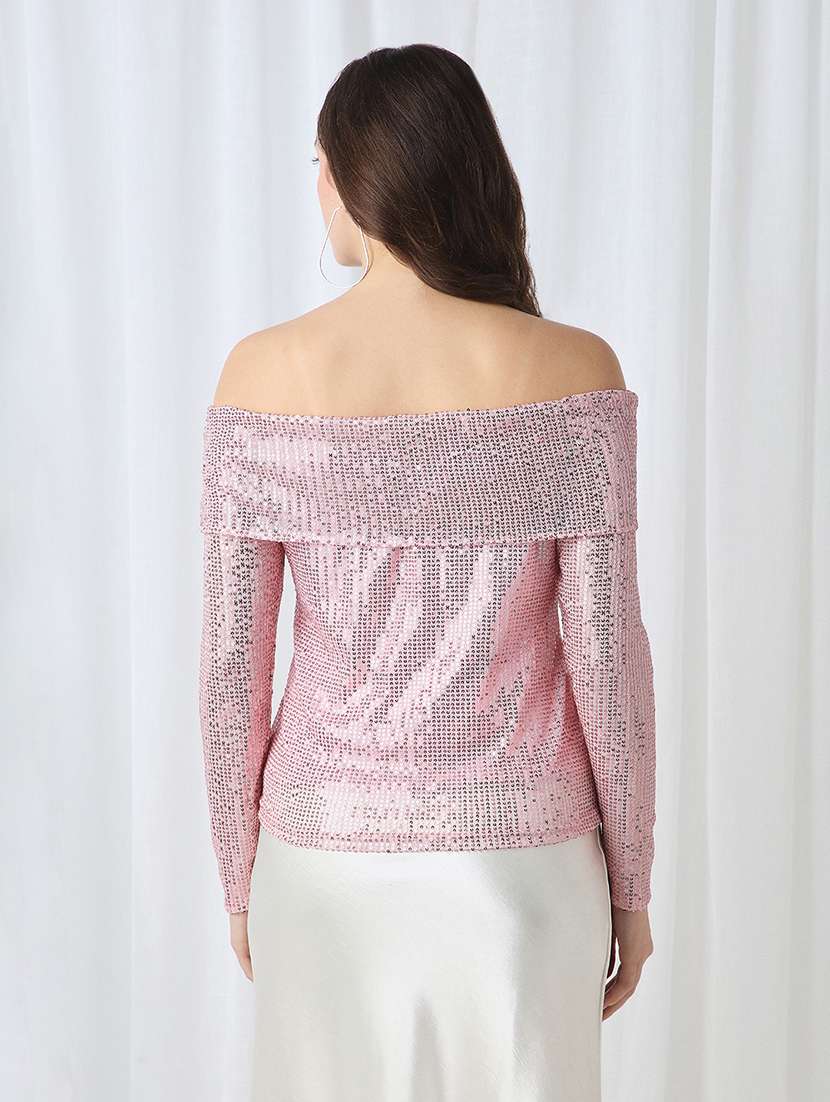 globus women pink off shoulder long sleeves embellished party top - 22141474 -  Standard Image - 2